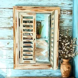 VINTORIA Rustic Wooden Wall Mirror with 2-Door Design | Farmhouse Vintage Home & Office Decor, Easy to Hang Wall Accent (Rustic White Window)-image-79