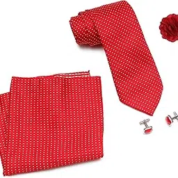 rizoro Mens Plaid Dotted Silk Necktie Tie Gift Set With Pocket Square, Cufflinks & Brooch Pin Formal Tie With Leatherite Box (Red, D1RDRB, Free Size)-picture-18