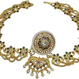 VANYA COLLECTION Gold Plated Traditional Floral Kundan Pearl Studded Rajasthani Sheeshphool Matha Patti/Sheeshpatti for Women/Girls (Maang Tikka-08)-image-28