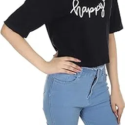 Printed Crop Top for Women | Round Necked Regular Fit Crop Top | Cotton Crop T-Shirt for Girls | Tees for Girls (L, Black)-image-2