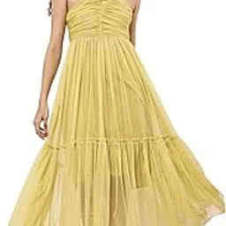 Women's Georgette Maxi Dress, Off-Shoulder Neck, High-Low Fit and Flare, Criss-Cross Straps, Yellow-picture-42