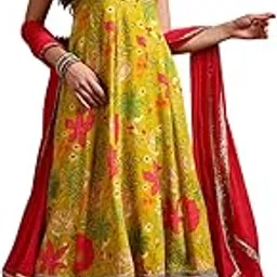 mahukaa Lime green floral printed anarkali kurta pant dupatta set-picture-24