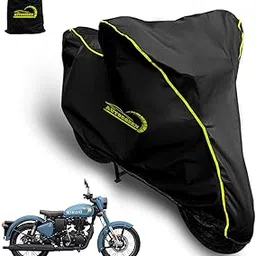 AUTOCOZEN Waterproof Bike Cover Compatible with Royal Enfield Classic 350 Signals Cover with All Weather Protection and Triple Stitch, Heavy Buckle with Storage Bage & Black with Yellow Piping-image-2