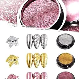 banira Chrome Nail Powder Set, Metallic Mirror Effect, 3 Pieces, Gold Silver Rose Gold-picture-11