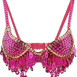 MERISHOPP® Belly Dance Beaded Bra Sequins Top Dancing Singer Costume Tassels Pink-image-48