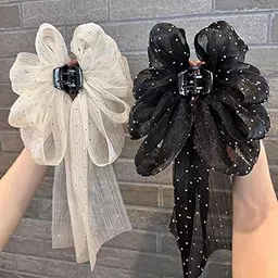 Decorative Hair Bow Clips, Black and White Mesh Flowers with Glitter, 2-Pack-picture-38