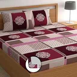 DREAMLET Glace Cotton Feel Fitted Double Bedsheet with 2 Full Size Pillow Covers | Double Bed Breathable | Wrinklefree | Ultrasoft 210 TC Supersoft |90 x 100 Inches (Maroon Multi, Fitted)-image-51