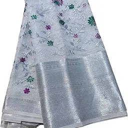Women's Banarasi Kanjivaram Tissue Gold and Silver Saree With Floral Motifs Leaf and Line Embroidery Different Embroidery Soft Transparent Sadi Elegent Thread Work on Sari Zari Resham EMB-image-12