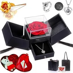 GIFTHEART for Wife Preserved Black Box Rose Flower with Silver Heart Necklace Valentine & Birthday Gift for Girlfriend, Wife & Special Love (Design-11)-picture-35