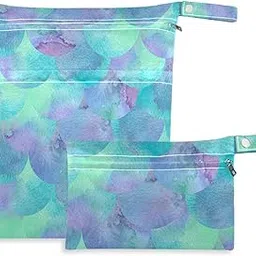 visesunny Turquoise Blue And Violet Mermaid Scale 2Pcs Wet Bag with Zippered Pockets Washable Reusable Roomy for Travel,Beach,Pool,Daycare,Stroller,Diapers,Dirty Gym Clothes, Wet Swimsuits, Toiletries-image-7