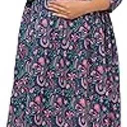 crafiqa Pre & Post Maternity/Nursing Wear Hand Block Printed Kurta Cum Midi Dress/Nighty with Both Sides Zipper Easy Feeding to Be Moms & Nursing Mothers Cotton Dark Green image 1