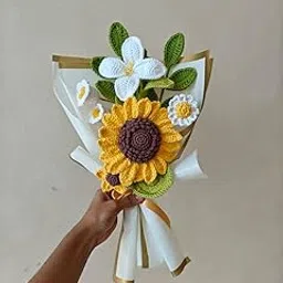 Unboxed Gifts Handmade Crochet Flowers, Completed Hand Woven Bouquet with 3D Sunflower, White Flower, Lily of Valley, Leaf Stalk, Mini Daisy & Sunflower for Table & Home Decoration-image-33
