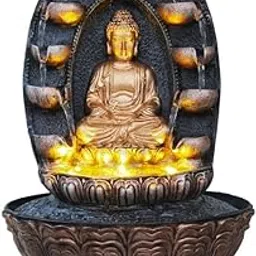 INDIANA CRAFT Gold Brown Polyresin Table Top Meditating Buddha Home Decor 5 Step Indoor Waterfall Fountain with Yellow LED Light and Speed ​​Control Pump (Size: 27 x 27 x 40CM | Weight: 2780Gram)-image-35