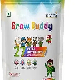 U-VITA Grow Buddy Multivitamin Gummies for Kids (2+ Years) | No Added Sugar | 27 Essential Vitamins, Minerals & Pure herbal extracts | Made in India and Formulated in the UK | 60 Gummies, Assorted-image-12