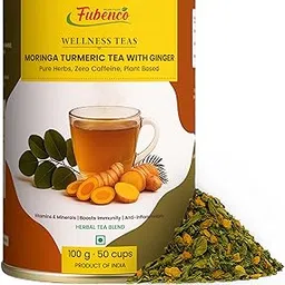 Fubenco Moringa Turmeric Ginger Tea – 100gm | Herbal Detox & Immunity Boost | Rich In Vitamins & Minerals | Ayurvedic Super Foods | Caffeine-Free Loose Leaf Tea-image-1