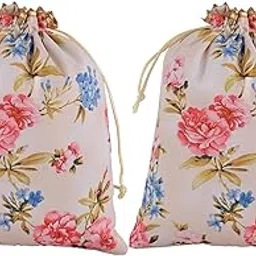 kuber industries 2 Pcs Silk Drawstring 7x9 Inch Small Potli Pouch | Goodie Bags for Return Gift | Shagun Potli for Gifting | Wedding, Housewarming & Baby Shower Goody Pouch | Digital Flower - Cream image 1
