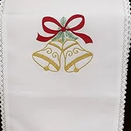 Christmas Embroidered Table Runner (13x60 inches) – White Fabric with Golden Bells & Red Bow Design, Lace Trimmed Edges – Festive Dining Table Decoration-image-24