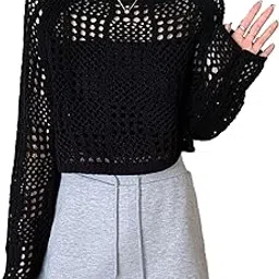 icw Women's Knitted Crochet Transparent Long-Sleeve Hollow Out Sheer Pullover Top T-Shirt Sweater Dn61 (One Size Fit XS-S-M-L)-picture-33