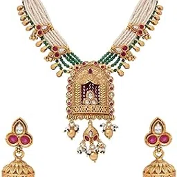 i jewels Gold Plated Traditional Antique Brass Lakshmi Motif Pearl Necklace With Earring Jewellery Set For Women-picture-48