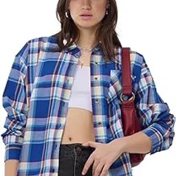 the souled store Plaid Shirt: Avril Women and Girls Long Sleeves Collared Neck Button Front Blue Cotton Boyfriend Shirts-picture-26