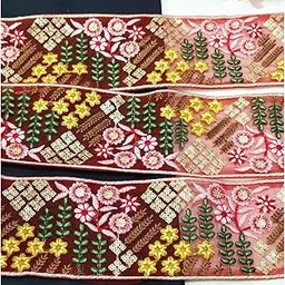 Premium Embroidery Lace Border for Dresses, Sarees, Dupatta & Blouse – 9 cm Width | Multicolor Leaf Design Fabric Trim for Sewing, Craft & Decoration (Red - 8.5 Meter)-image-6