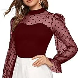 elyraa Women's Elegant Black Polka Dot Mesh Sleeve Top for Women/Girls-picture-40