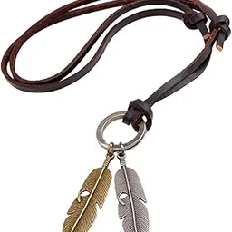 young & forever Gift Boys Opera Length Brown Leather Chain Antique Gold Silver Feather Charm Necklace-picture-13