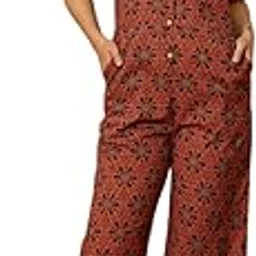 Cotton Jumpsuit for Women & Girls,Ajrakh Print Stylish Western Dangri Dress, Casual V Neck And Short Sleeve Dress for Party, Travel, Office & Jump Suit With Pockets-image-6
