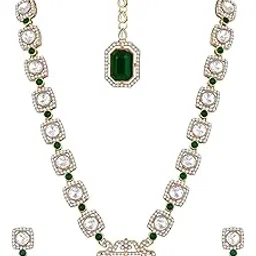 atasi international Gold Plated Traditional Kundan Emerald Green Color Jewellery Necklace Set with Earrings and Maang Tikka for Women - Best Suited for Wedding, Engagement, Festive (DG6182)-picture-34