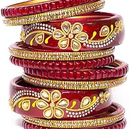 swara creations Lah/Lac bangles red color Set, LAHTHI Churi Kundan work for Women and Girls(10 pcs)-picture-15