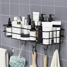 Moforoco Bathroom Organiser Without Drill | Bathroom Accessories with Hooks | Self Adhesive Bathroom Shelf for Wall | Washroom Organiser Made of Strong Quality Metal Black Pack of 1-picture-29