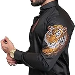 foomer Black Starry Beaded Tiger Design Club Wear Satin Cotton Shirt for Men – Premium Regular Fit Party Shirt with Intricate Front Embellishment-picture-59