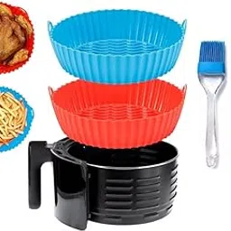 Set of 2 Round Silicone Air Fryer Liners with Ear Handles - 8in Nonstick, Reusable, Heat-Resistant, Red & Blue + Oil Brush & Spatula-picture-20