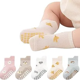 ahamo 5-Pack Baby Socks with Non-Slip Grips | 100% Cotton Summer Socks for Boys & Girls 0-12 Months | Cute Animal Designs (Elephant, Bunny, Bird, Hedgehog, Puppy)-picture-26