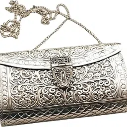 govind art German Silver bags for Women's/Girls Brass Metal Vintage Handmade Hand Clutch Purse/Sling Purse for Women (Silver) - Size 7 * 4.5 * 2 inch image 1