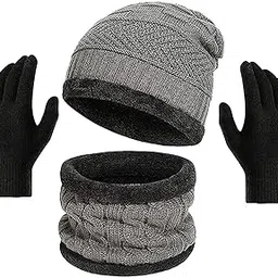 BEMALL Woolen Winter Cap for Men & Women with Gloves & Neck Muffler Warn Soft for Snow | Knit Beanie Cap Hat Neck Warmer Scarf and Woolen Gloves Set for Men & Women (3 Piece Set) (Grey)-picture-10