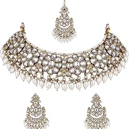 Gold Plated Traditional Kundan & Pearl Drop Choker Necklace Jewellery & Dangle Earrings Set For Women (K7290W)-image-50