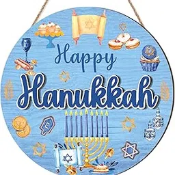 Celestdeco Happy Hanukkah Welcome Door Sign,Candlestick Star Wooden Hanging Sign,Christmas Hanukkah Wall Decor,Chanukah Candlestick Door Hanger,Blue Candlestick Decoration for Outdoor Home Yard Porch-picture-16