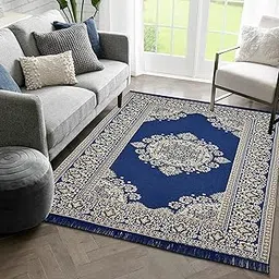 Linen Basics Designer Superfine Exclusive Cotton Carpet/Area Rug/Bedside Runner, Cotton Living Room Carpet, Durries in (Blue, 5x7 Feet)-picture-23
