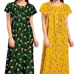 Women Cotton Printed Nighty Combo Pack of 2 Maxi Gown Night Dresses Soft Fabric Floral Print Short Sleeves Mustard & Green Nightwear-picture-11