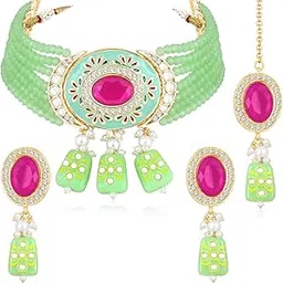 peora Gold Plated Kundan Beads and Synthetic Stone Studded Necklace Earrings & Maangtikka Set Ethnic Fashion Jewellery for Women & Girls-picture-27