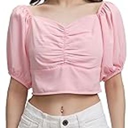 tokyo talkies Women's Fitted Crop Top | Short Puff Sleeves | Front Gather Detail | Chic & Flirty | Perfect for Casual & Dressy Outings | Tops for Woman | Women Tops | Women Crop Top-picture-14