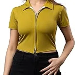 miniorra Womens Short Sleeve|Polo and Blouses Zippered Collared Business Casual Polo|Slim Fit Work Polo-DZ-04-MUSTARD_L-picture-45