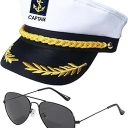 PATPAT® Captain Hats for Men Women, Sailor Hat for Adults, Marine Cap & Sunglasses Set, Halloween Cosplay Costume Dress Up Prop for Adults, Embroidery Marine Chief Cap for Party Role Play image 1