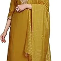 memore Women's Silk Straight Kurta Pant with Pocket Embroidered V Neck 3/4th Sleeves Solid Pattern Calf Length Regular Fit and Dupatta Set-picture-21