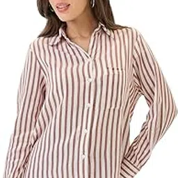 Globus Women Striped Collared Neck Cuffed Sleeves Front Pocket Curved Hem Workwear Shirt-picture-31