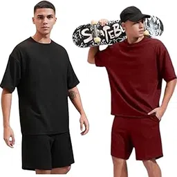 Men's 2-Piece Gym Set of 2 Athletic Short Sleeve T-Shirt & Shorts with Pockets Quick Dry Activewear for Workout Sports (Blacka-Mroon-L)-picture-15