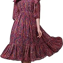 fashion2wear Women's Georgette Midi Dress with Round Neck Floral Printed A Line Style Knee Length 3/4th Puff Sleeves and Regular Fit-picture-55