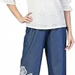 Women's Denim Cotton Blend Mid RIS Regular Fit Palazzo Pants Regular Fit Palazzo Pants with Floral Design, Blue-image-35