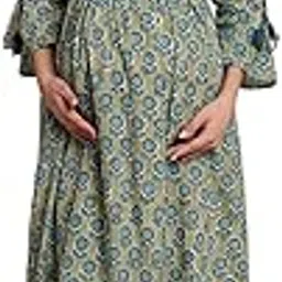 secret wish Green Floral Block Print Cotton Maternity Dress/Feeding/Nursing/Zipper/Belt.-picture-49